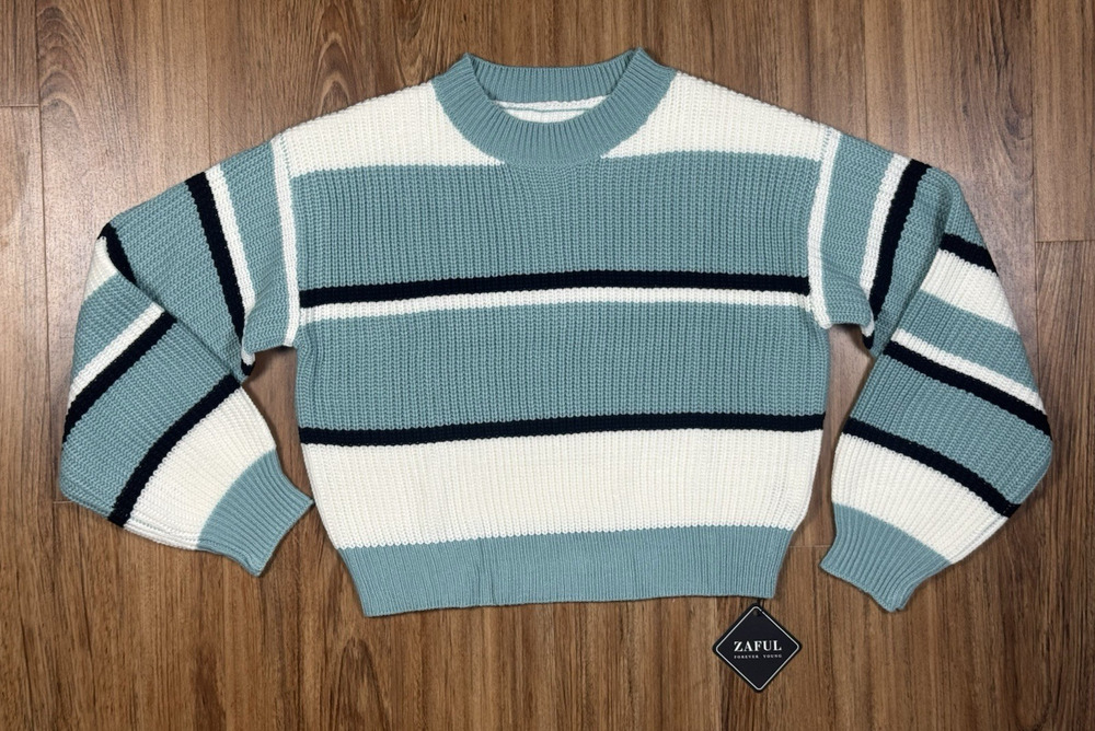 ZAFUL Green White Striped Sweater Cropped Balloon Sleeve Crew Neck - Size S